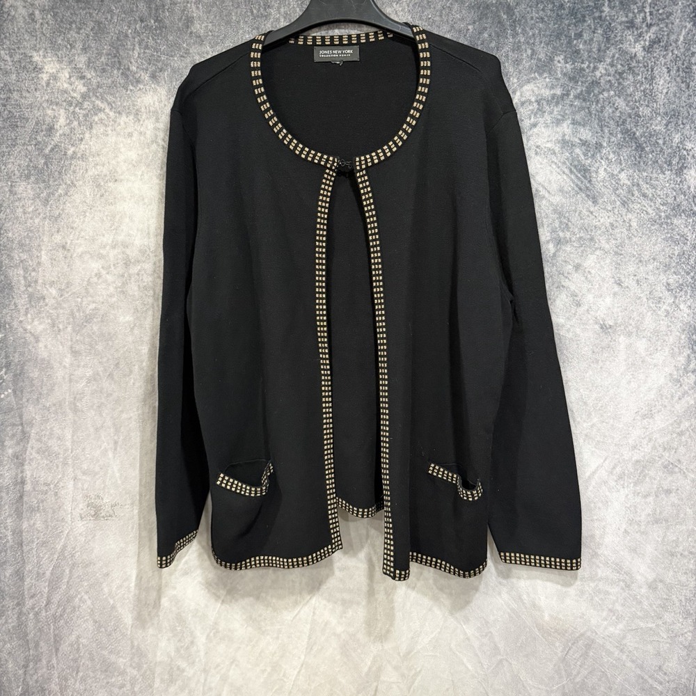 Jones New York Collection Women's Black Cardigan Gold Trim Open Front Rayon XL